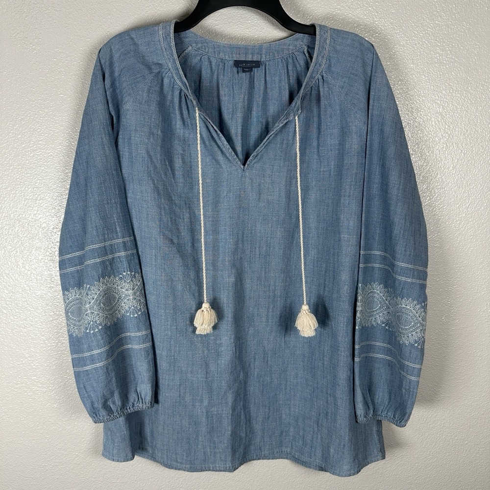 J. Jill Denim Chambray Blouse Small Long Embroidered Sleeve Tie Neck 100% Cotton